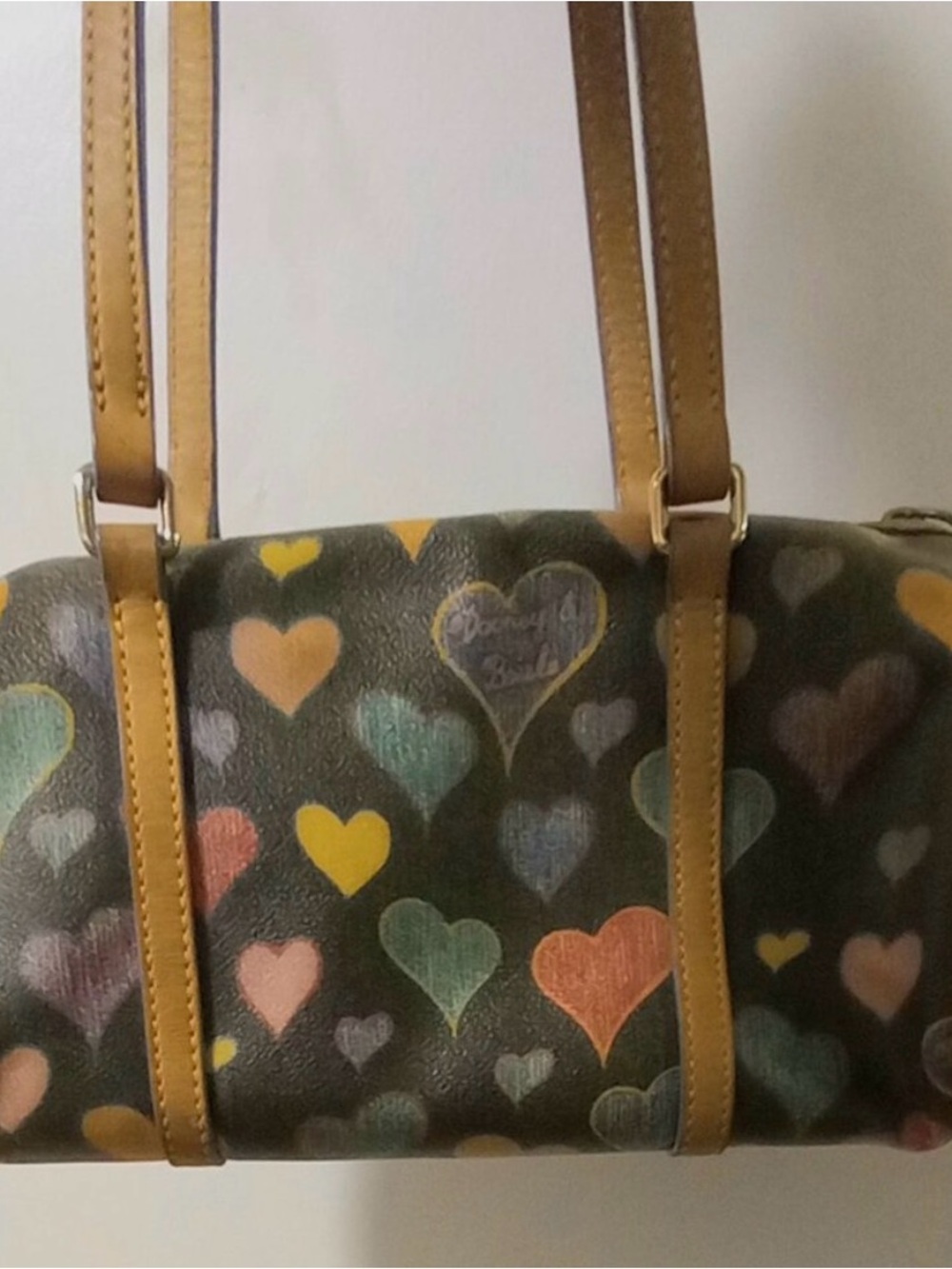 Dooney & Bourke Multicolor Heart Print Shoulder Bag with Tan Straps